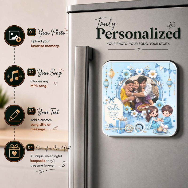 Celebrate the Bond of Siblings Rakhi Gift for Brother & Sister Raksha Bandhan Musical Fridge Magnet Custom Photo & MP3 Song | Rechargeable Battery